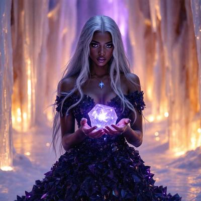 The primary subject of the image is a woman wearing a purple dress, holding a purple crystal ball. The setting is a cave-like environment, with a purple glow illuminating the scene. The visual style appears to be a combination of digital art and illustration, creating a unique and captivating image. The colors and mood of the image are predominantly purple, giving it a mystical and enchanting atmosphere.